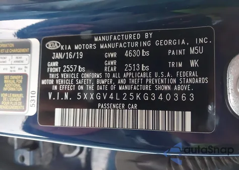 2019 Kia Optima Sx Turbo z USA, uszkodzony, nr VIN 5XXGV4L25KG340363